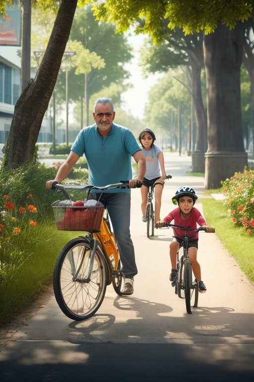abuelo paseando en bicicleta con sus nietos por el parque